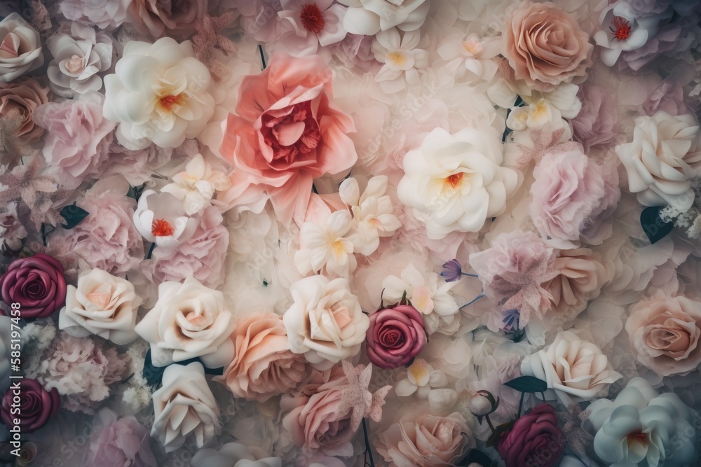 a bunch of flowers that are on a wall in a room with no one in it and ...