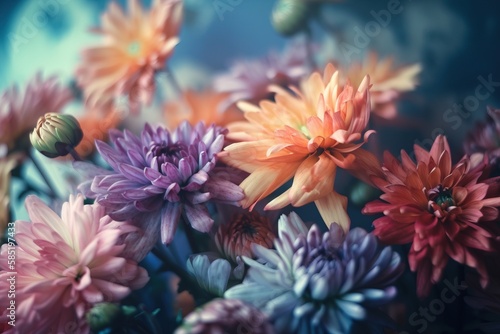  a bunch of flowers that are in a vase on a table with a clock in the backgrouf of the picture and a blurry background.  generative ai