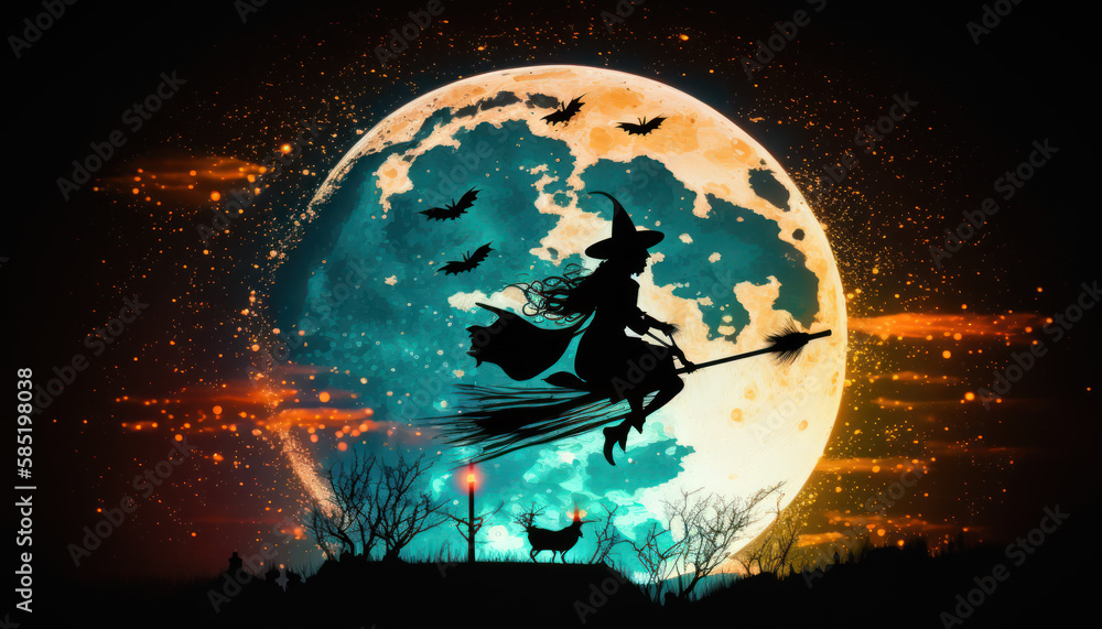 Naklejka premium Witch's silhouette flying on broom amid full moon created with generative AI technology