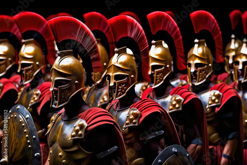 Spartan army. Spartans dressed in armor march in formation. digital ai art