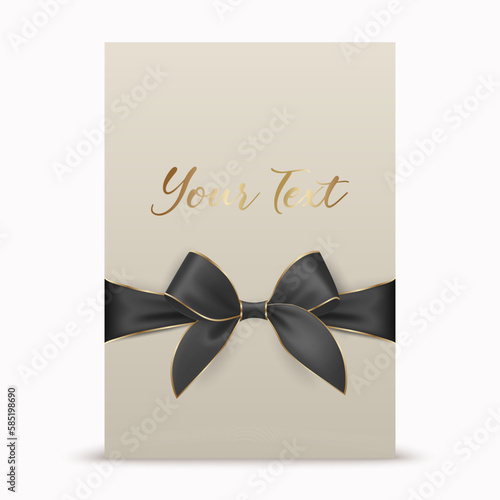 Vector 3d Realistic Black Gift Ribbon and Bow with White Greeting Card Background. Bow Design Template, Concept for Birthday, Christmas Presents, Gifts, Invitation, Card, Gift Box. Holiday Decoration
