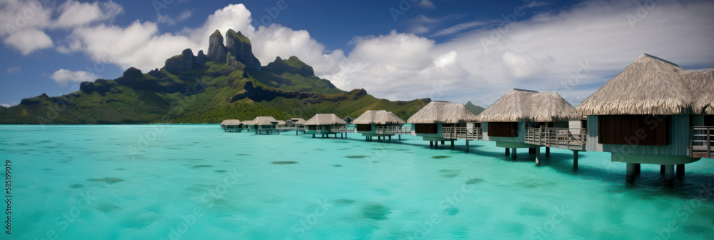Bungalows with thatched roofs are located around a tropical island ...