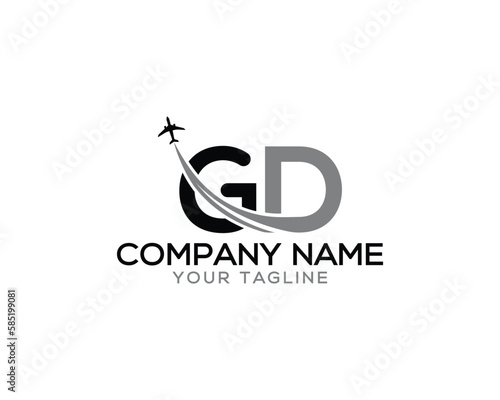 Letter GD with plane and airline unique logo design. Tourism, travel, airways identity and flight company creative vector icon.