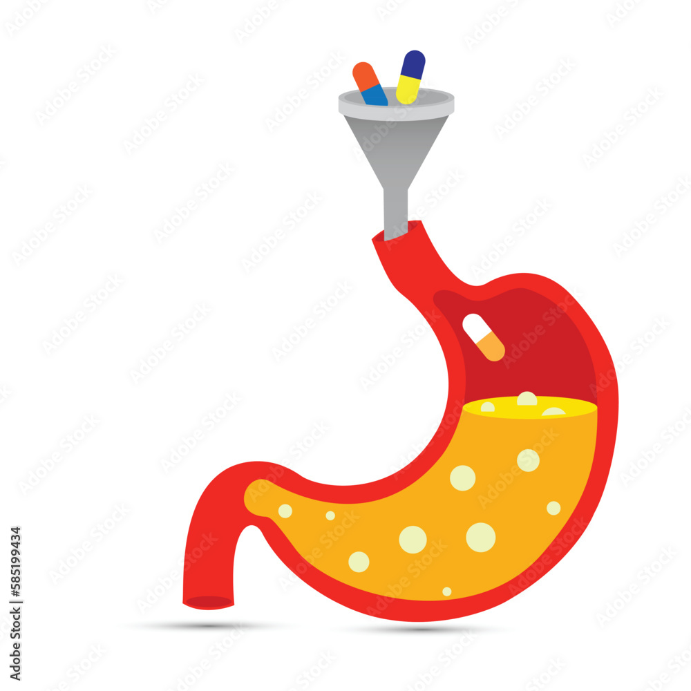 Pills falling from a funnel in stomach Pills falling from a funnel in stomach
