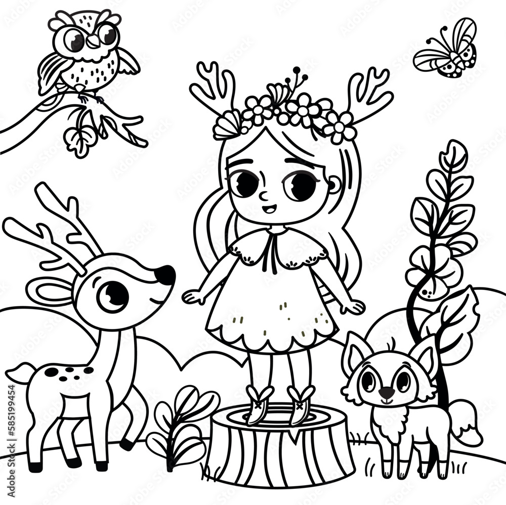 Cartoon forest girl and animals. Black and white vector illustration.

