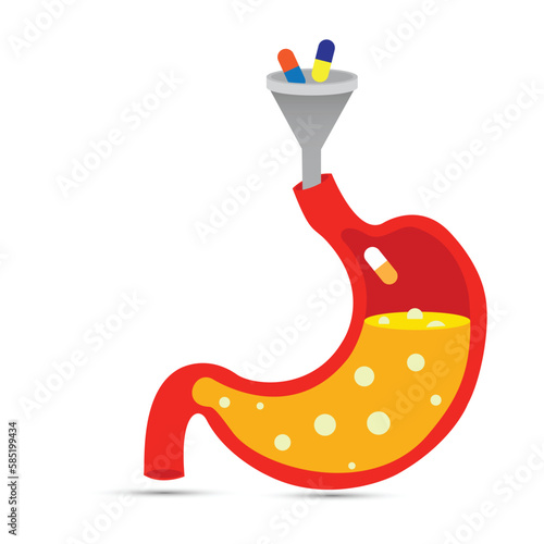 Pills falling from a funnel in stomach
