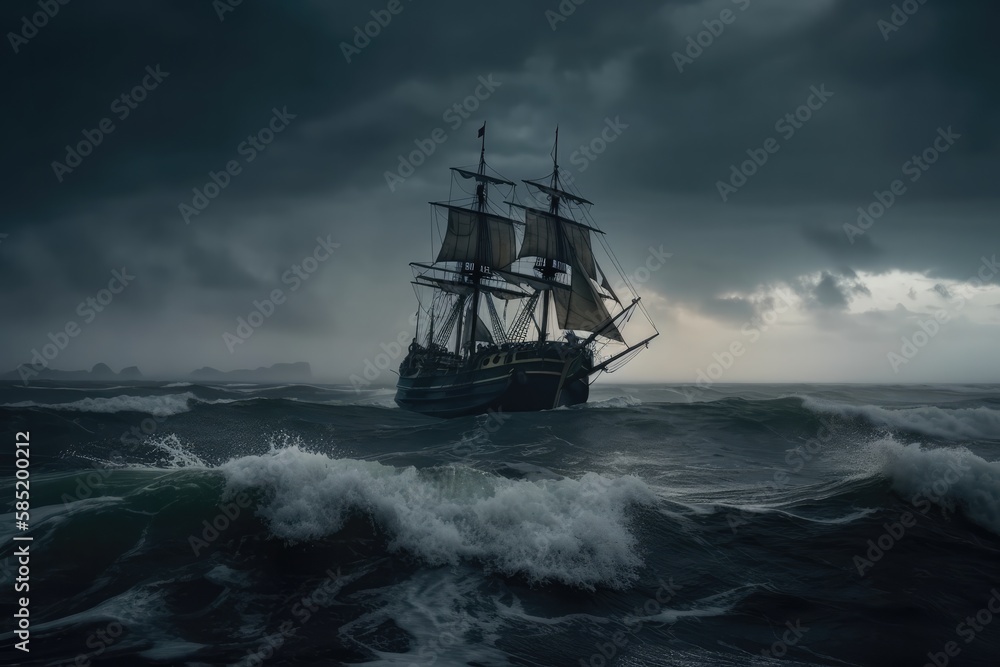 Old sail ship braving the waves of a wild stormy sea at night. Generative AI. Old sail ship braving the waves of a wild stormy sea at night. Generative AI.