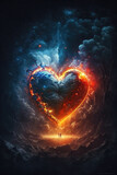 a beautiful heart in space with a contour of fire and love, epic artwork, generative ai technology
