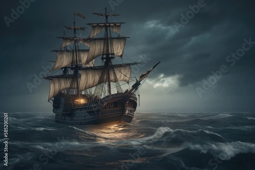 Old sail ship braving the waves of a wild stormy sea at night. Generative AI.