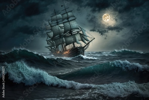 Old sail ship braving the waves of a wild stormy sea at night with full moon. Generative AI.