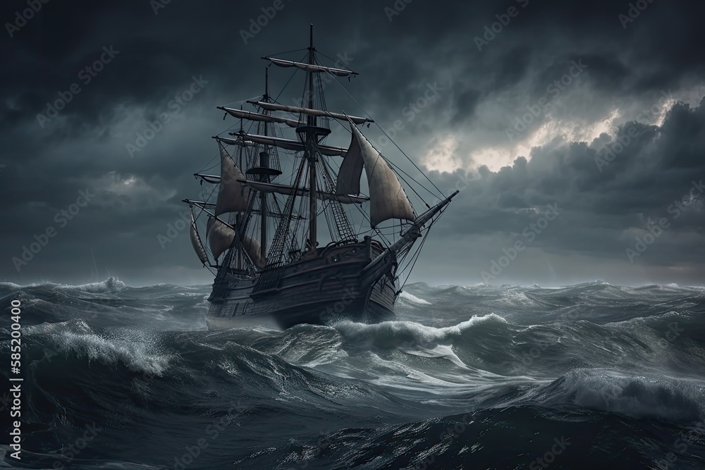 Fototapeta premium Old sail ship braving the waves of a wild stormy sea at night. Generative AI.