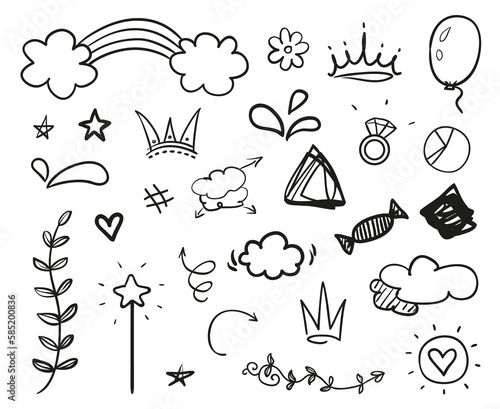 Hand drawn elements on isolated white background. Simple signs. Line art. Set of different shapes. Abstract indicators. Black and white illustration. Doodles for artwork