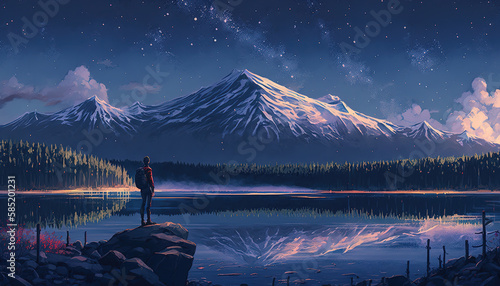 a beautiful japan inspired anime landscape illustration, mountain with snow at the lake, lonely man standing there, generative ai technology