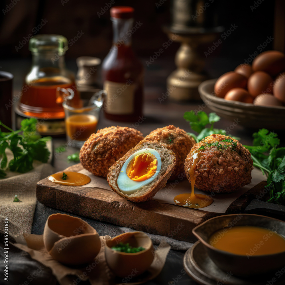 Scotch Eggs with Mustard Sauce-Homemade Snack-Generative AI Scotch Eggs with Mustard Sauce-Homemade Snack-Generative AI
