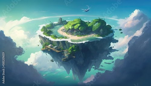 an abandoned lonely flying island in the sky, fairytale anime manga artwork, generative ai technology