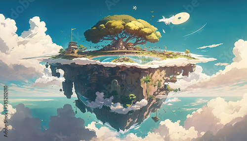 an impressive beautiful island in the sky with a big tree, manga artwork, generative ai technology photo