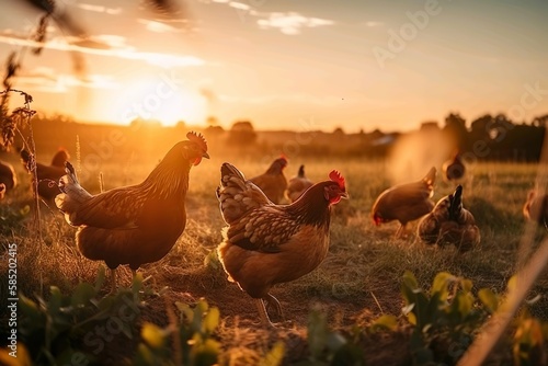 Bio Bauernhof mit Hühner auf einem Feld. Beim Sonnenaufgang mit Dunst / Nebel. Warme Beleuchtung, Generate Ai