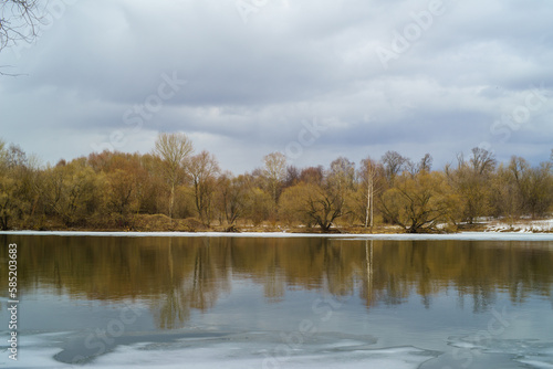 Mixed spring forest on the river bank. Birches, pines on the banks of the river. Ice drift. Spring cloudy landscape