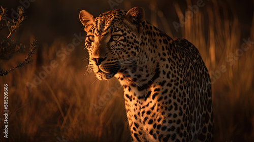 portrait of a leopard in african savanna at sunset. Generative AI