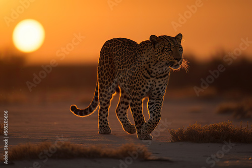 a beautiful leopard walks towards the camera, in the sunset. wildlife africa. Generative AI