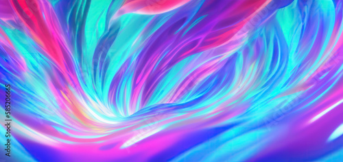 3D render of an abstract, fluid, holographic wave in motion with neon colors and iridescent curves Generative AI