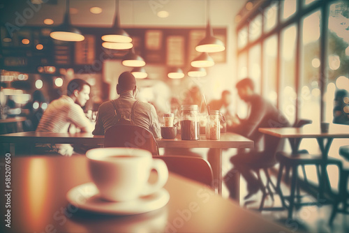 blurred background in a restaurant with a coffee in the foreground. Generative AI