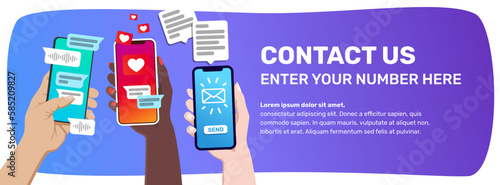 Contact us section in a banner web format. Three hands holding smartphones with chat concept in the screen. Vector illustration. Flat colors.