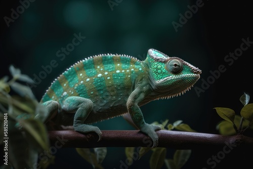 Beautiful green chameleon. AI generated