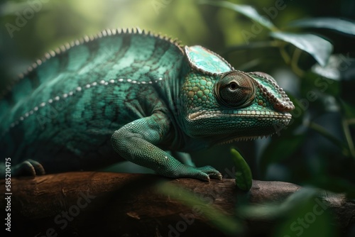 Beautiful green chameleon. AI generated