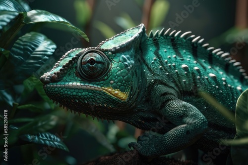 Beautiful green chameleon. AI generated