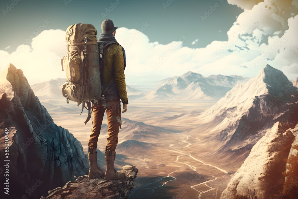 Man with backpack, traveller or explorer standing on top of mountain or cliff and looking on valley. Concept of discovery, exploration, hiking, adventure tourism and travel. 3d render Man with backpack, traveller or explorer standing on top of mountain or cliff and looking on valley. Concept of discovery, exploration, hiking, adventure tourism and travel. 3d render