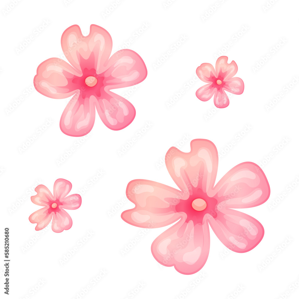 Spring sakura cherry blooming flowers bouquet in cartoon style. Vector illustration isolated on white background.