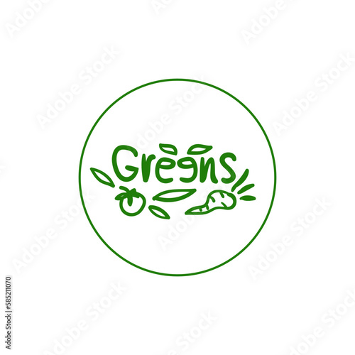 The inscription "greens" with the icon of the carrot and tomato.Vector illustration