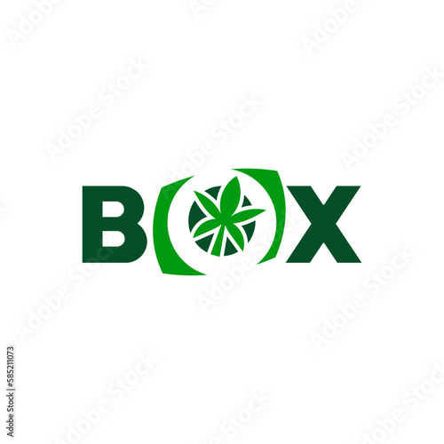 The inscription "box" with the icon of the box with cannabis leaf in the letter "o".Vector illustration