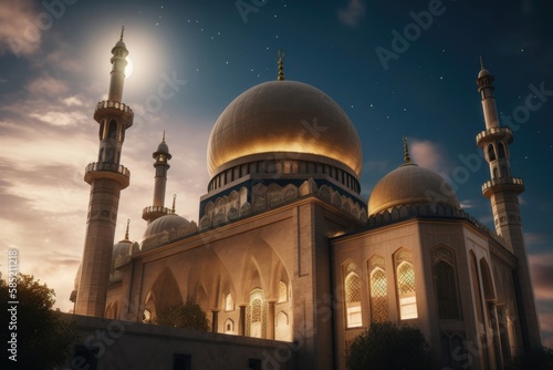 Illustration of a mosque with golden moon and stars ornament. AI generated