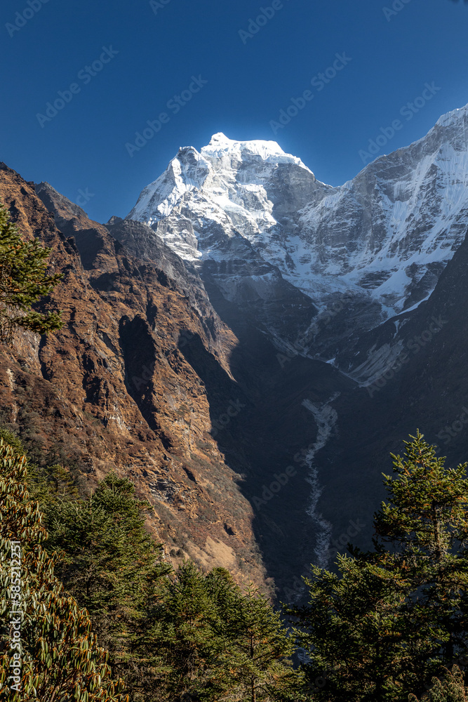 Beautiful peak of mountain Kangtega (6782m) welcoming you to Tengboche after the whole dat trek from Namche bazar