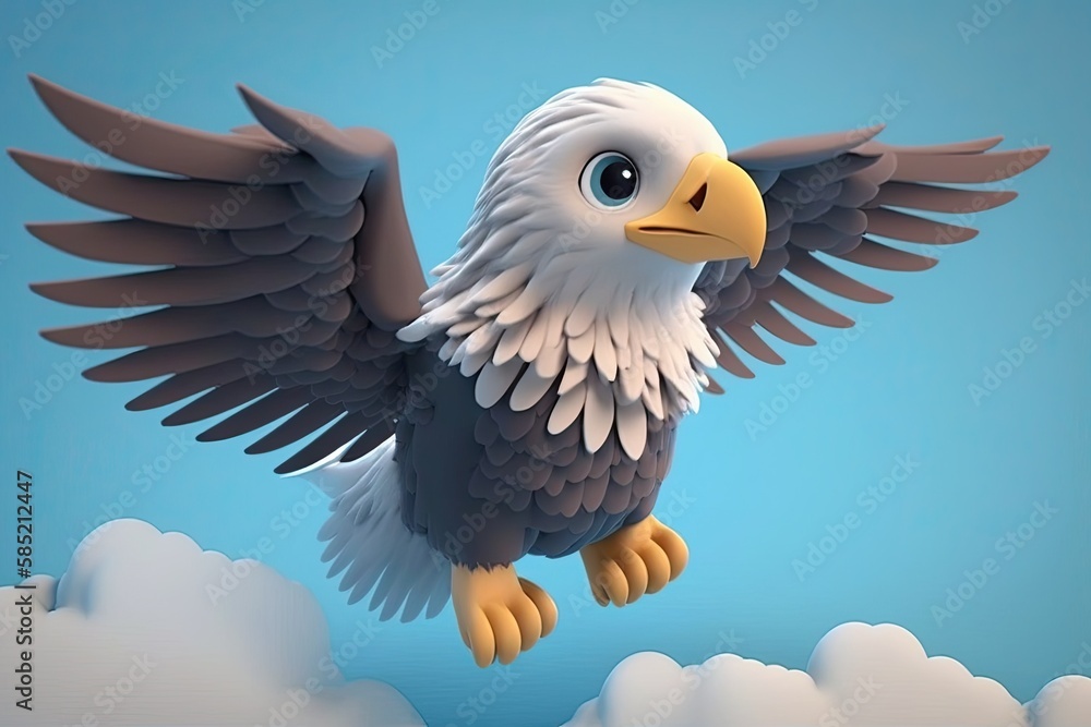 Fototapeta premium Cute Cartoon Bald Eagle Flying Through the Air (Generative AI)