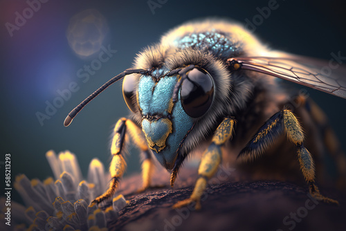 Magnified Close-Up of a Bee's Head with Yellow Pollen Dust