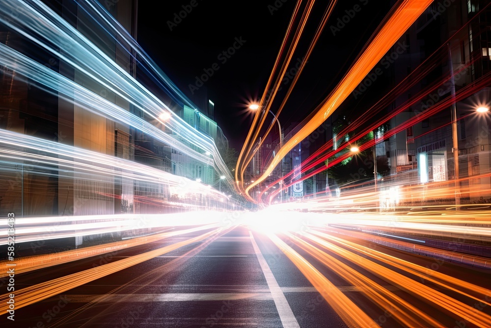 abstract long exposure dynamic speed light trails in an urban environment - Generative AI