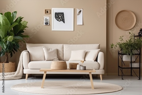 Domestic and cozy interior of living room with beige sofa, plants, shelf, coffee table, boucle rug, mock up poster frame, side table, plant and elegant decoration Beige wall - Generative AI