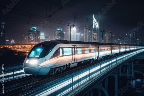 High speed bullet train with blurred nighttime cityscape. High quality generative AI