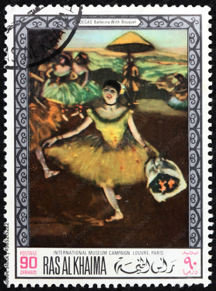 Postage stamp Ras al-Khaimah 1968 Ballerina, painting by Edgar Degas (1834-1917), French painter