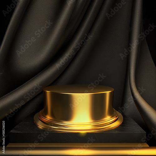 Luxurious stage platform, golden pedestal cylinder stand. Black fabric background and realistic lighting add to the overall scene, making it the perfect presentation platform, Generative AI