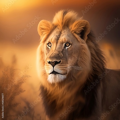 Lion sitting on the ground watching far- Wild Photography