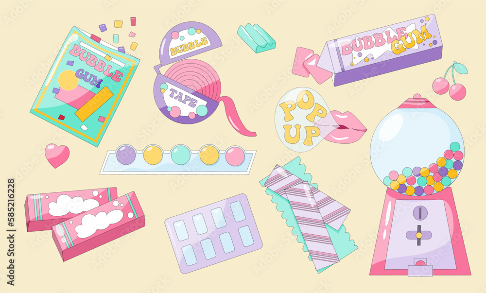 Colourful bubble gum set in trendy 90s style. Colourful bubble gum set in trendy 90s style.