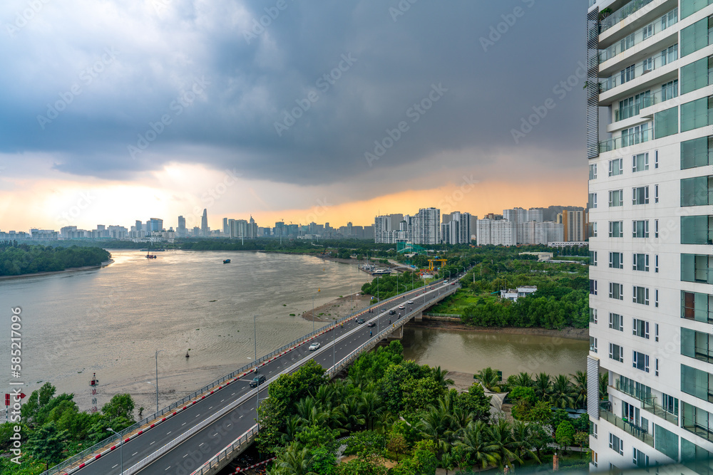 Vietnam, Skyline of the city  of Hanoi with view on the  Red River