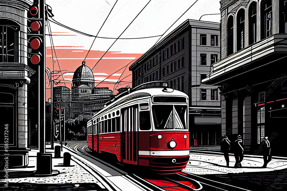 Illustration of Vintage style tram car in the middle of city road, AI-generated image.