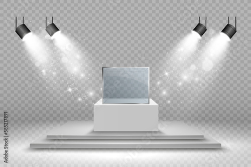 Glass showcase for the exhibition in the form of a cube. Background for sale illuminated by spotlights. Museum glass box isolated advertising or business design boutique. Exhibition hall.
