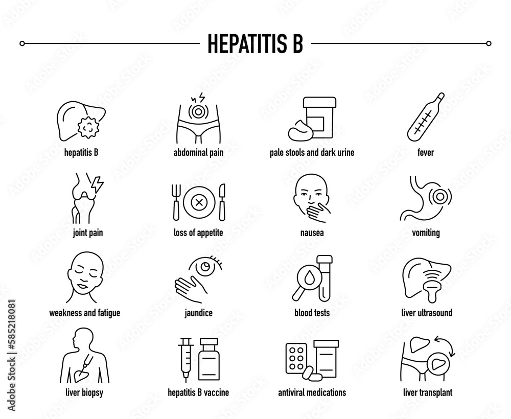 Hepatitis B symptoms, diagnostic and treatment vector icon set. Line editable medical icons. Hepatitis B symptoms, diagnostic and treatment vector icon set. Line editable medical icons.