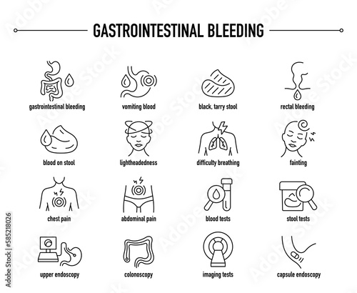 Gastrointestinal Bleeding symptoms, diagnostic and treatment vector icon set. Line editable medical icons.